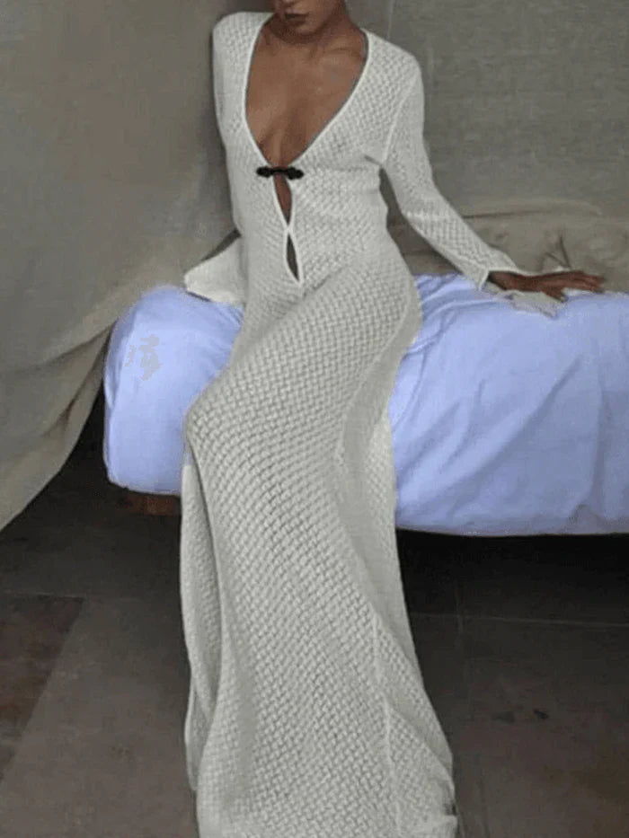 White Crochet Long Sleeve Maxi Beach Dress