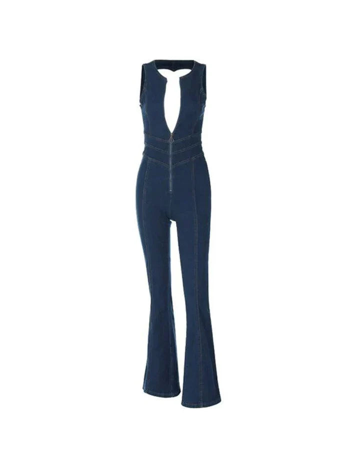 Vintage High Rise Denim Jumpsuit with Backless Zip Up