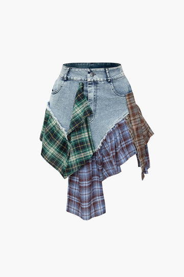 Vintage Asymmetric Check Patchwork Denim Mini Skirt