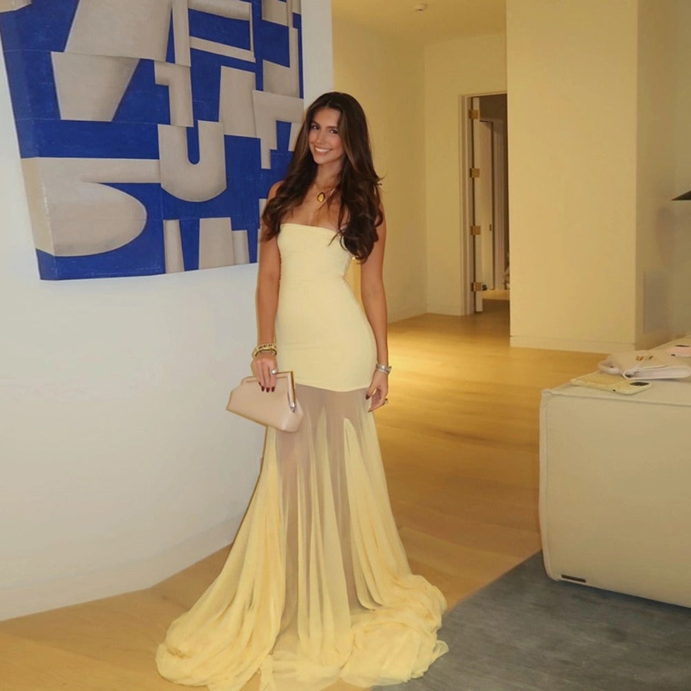 Yellow Strapless Maxi Dress with Sheer Mesh Skirt for Women - Melania