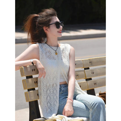 White Sleeveless Lace Long Vest for Women - Alina