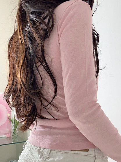 Blusa de manga larga con cuello en U y encaje Y2K en color rosa