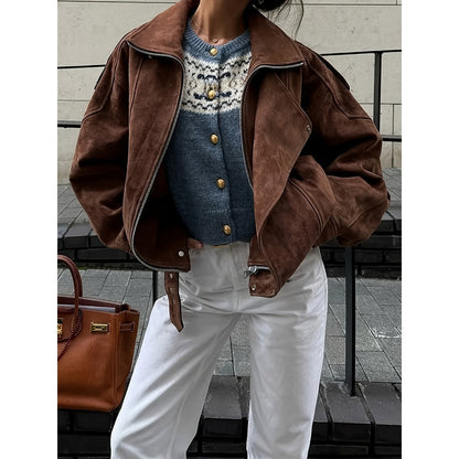 Brown Faux Suede Biker Jacket for Women - Daniela