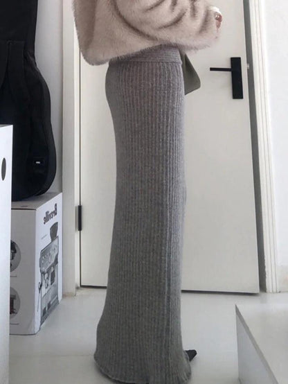 Classic Gray Solid Turned Waist Low Rise Maxi Skirt