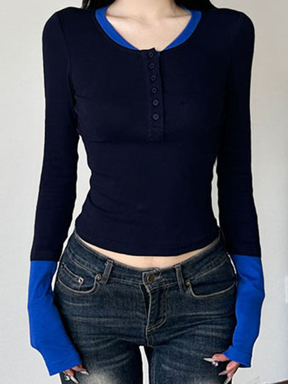 Blue Color Block Stitching Long Sleeve Tee