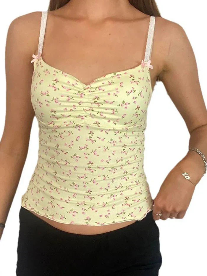 Gelbes Y2K Rüschen Crop Top mit Blumenmuster