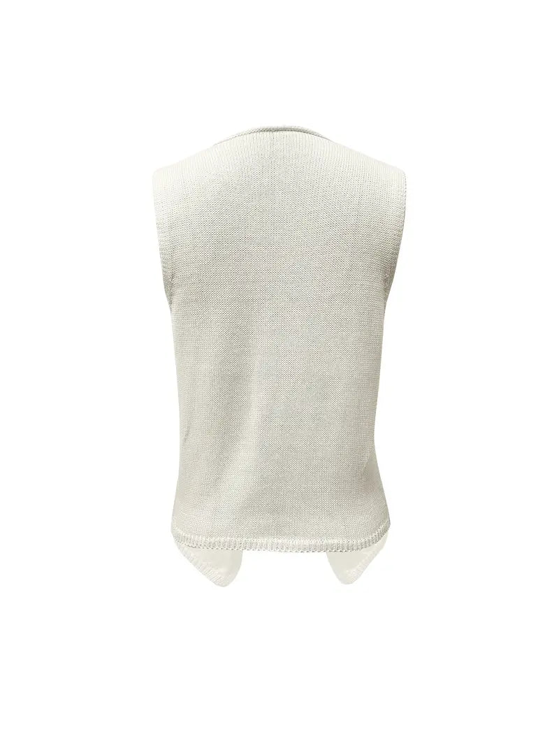 White V Neck Split Hem Knit Buckle Vest