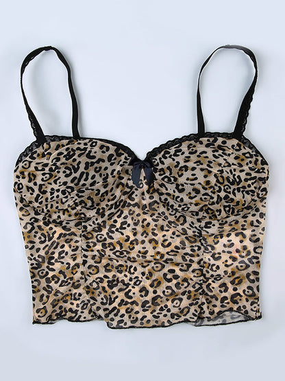 Vintage Bow Lace Splice Cami Top with Leopard Print