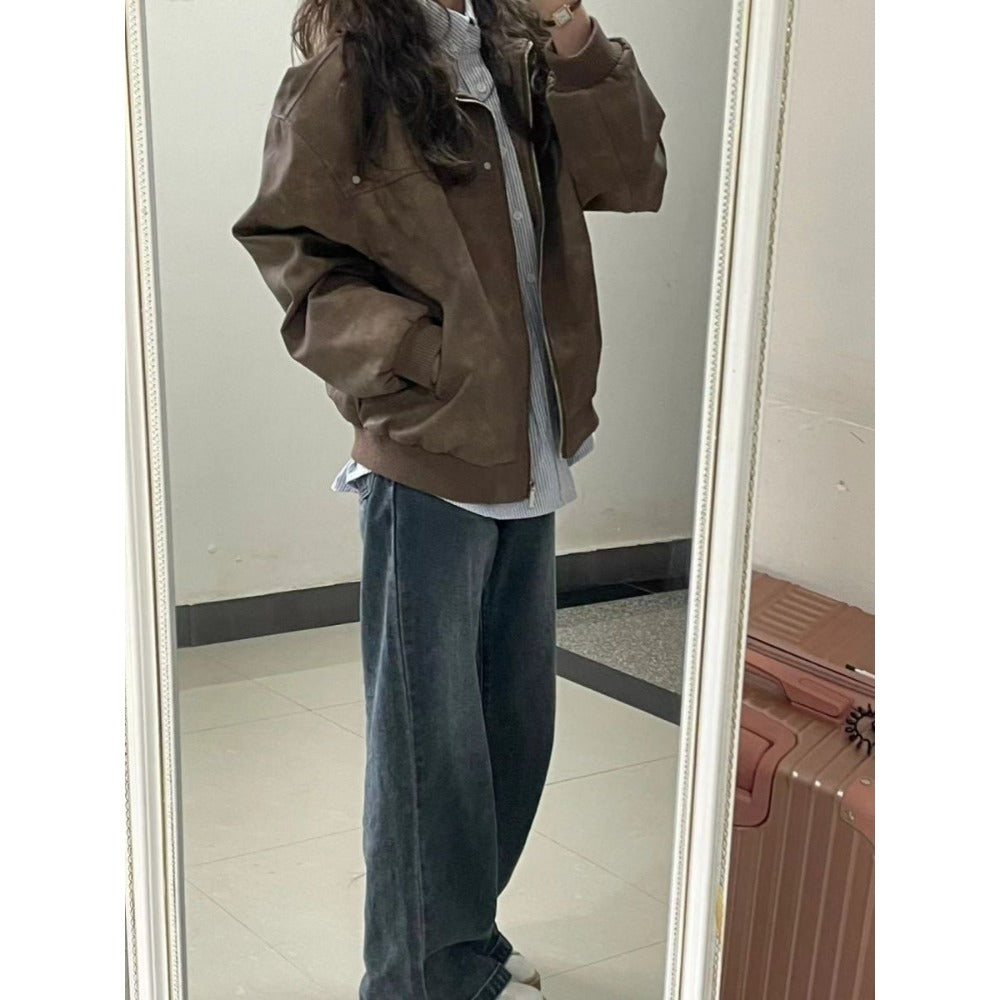 Brown Faux Leather Bomber Jacket with Zipper for Women - Elisa