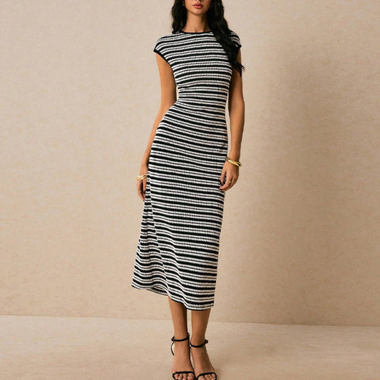 Black White Striped Midi Dress with Cap Sleeves for Women - Alba