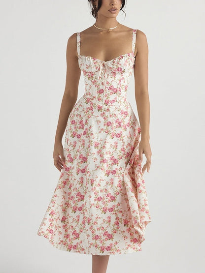 French Ditsy Floral Print Breasted Slim Midi Dress