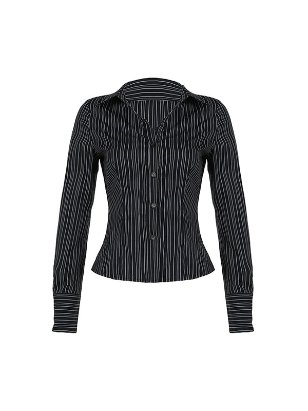 Black Classic Stripe V Neck Slim Fit Long Sleeve Shirt