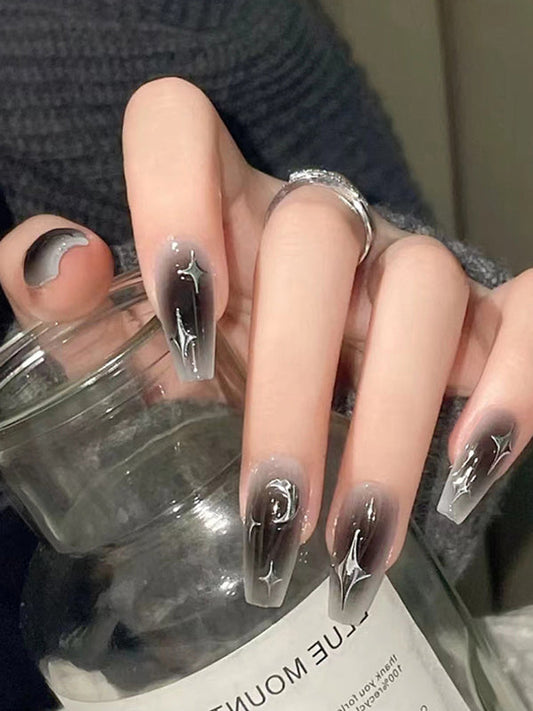 24 piezas de uñas postizas con adornos de luna y estrellas estilo ombré Y2K vintage