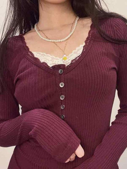 Y2k Red Solid Lace Trim Breasted Long Sleeve Knit