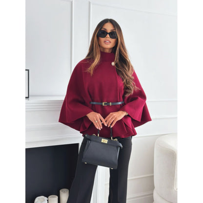 Belted Cape Coat with Wide Sleeves for Women - Zita