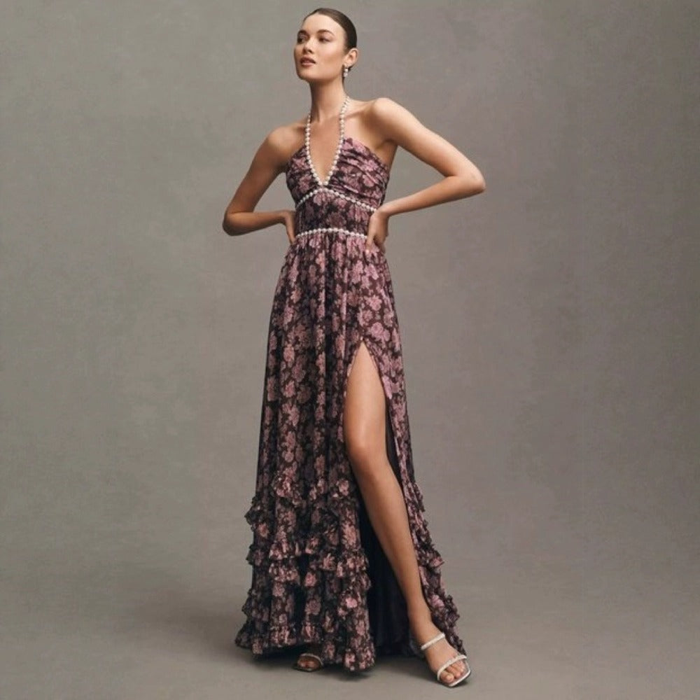 Floral Maxi Dress with Halter Neck and Side Slit for Women - Donatella