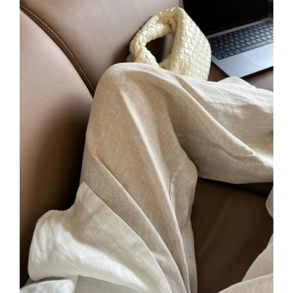 Wide Leg Linen Pants with Drawstring for Women - Monica