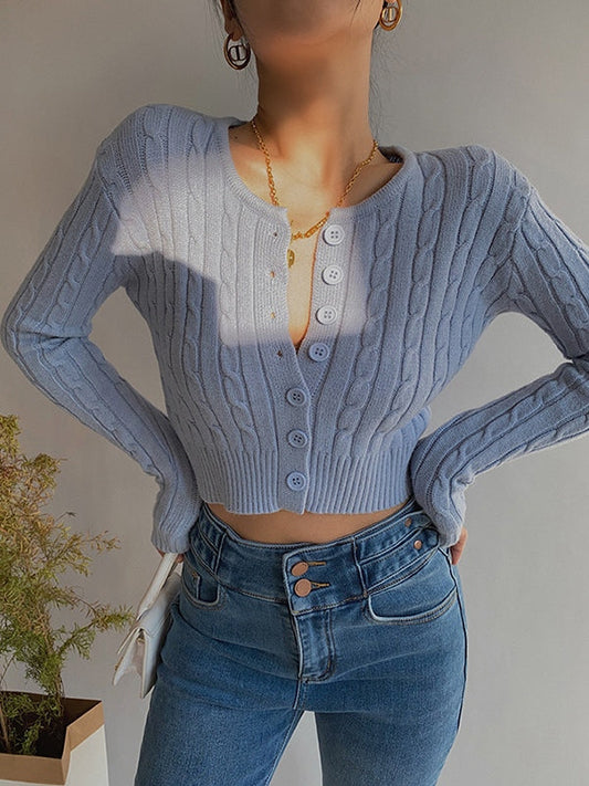 Solid Color Cropped Cable Knit Cardigan