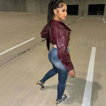 Burgundy Faux Leather Cropped Jacket for Women - Romina