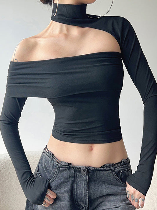 Black Y2k One Shoulder Hollow Long Sleeve Tee