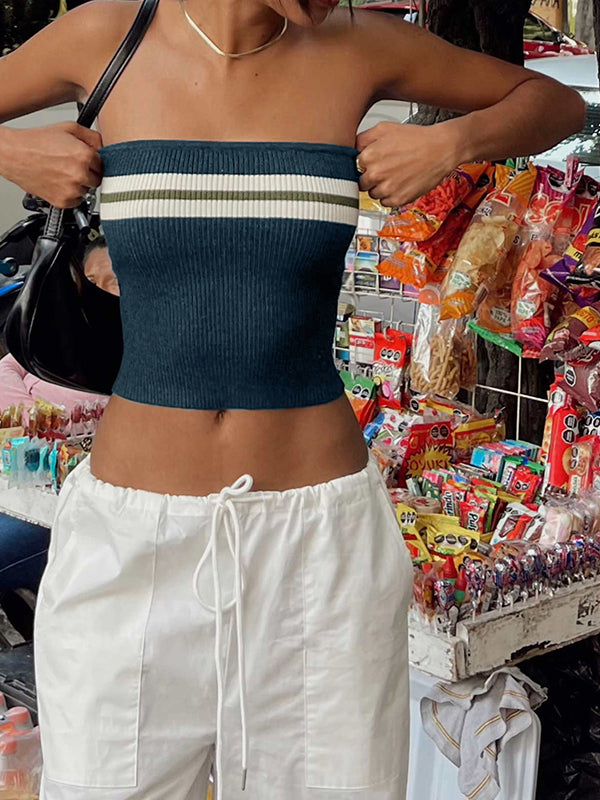 Navy Blue Vintage Knit Striped Bandeau Crop Top