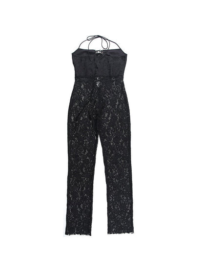 Vintage Perspective Lace Halter Eyelet Jumpsuits with Tie Front