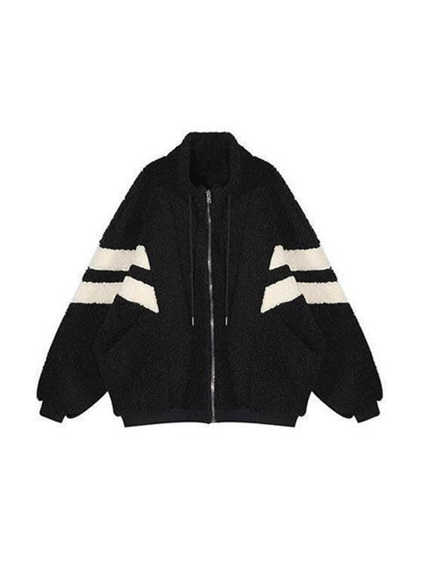 Schwarze Vintage Oversize Jacke aus Lammfellimitat mit Streifen