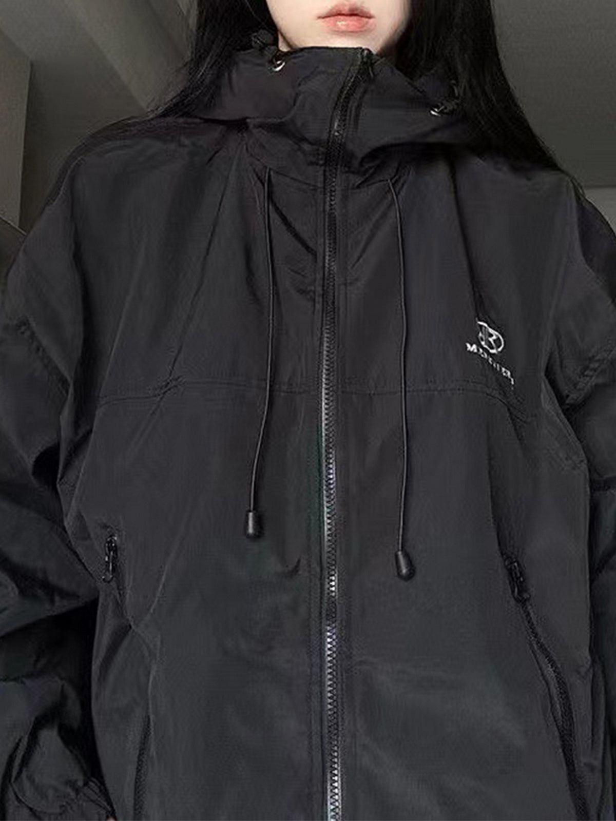 Oversized Retro Black Waterproof Outdoor Jacket with Hood