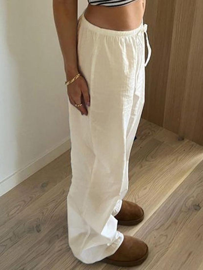 White Classic Drawstring Straight Leg Pants