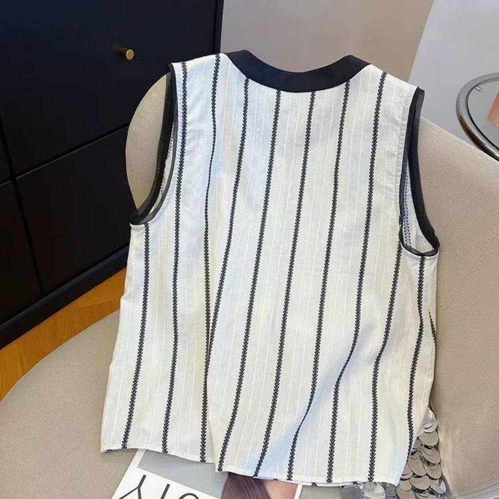 White and Black Striped Sleeveless Blouse for Women - Gisella