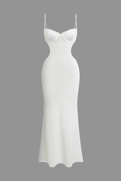 Vestido largo tipo bustier blanco con escote en la espalda y aberturas