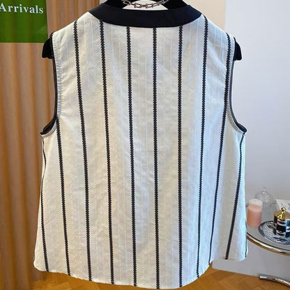 White and Black Striped Sleeveless Blouse for Women - Gisella