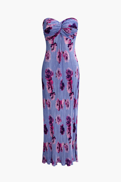 Vintage Abstract Print Plisse Strapless Slim Maxi Dress