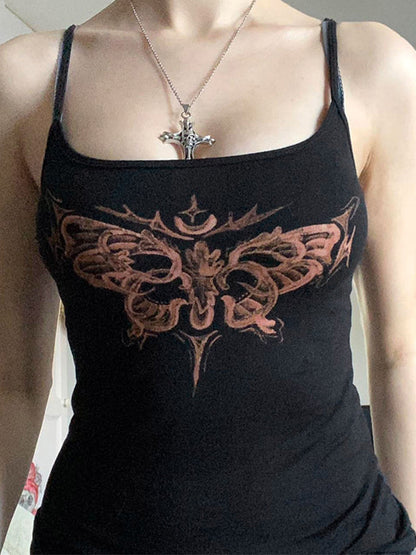 Black Y2K Butterfly Print Slim Fit Black Cami Top