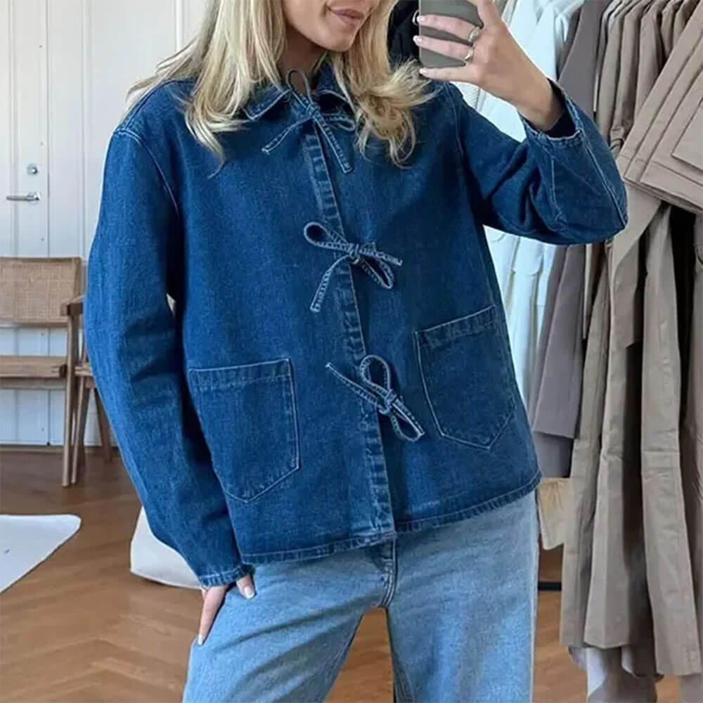 Vintage Bow Closing Denim Long Sleeve Shirt