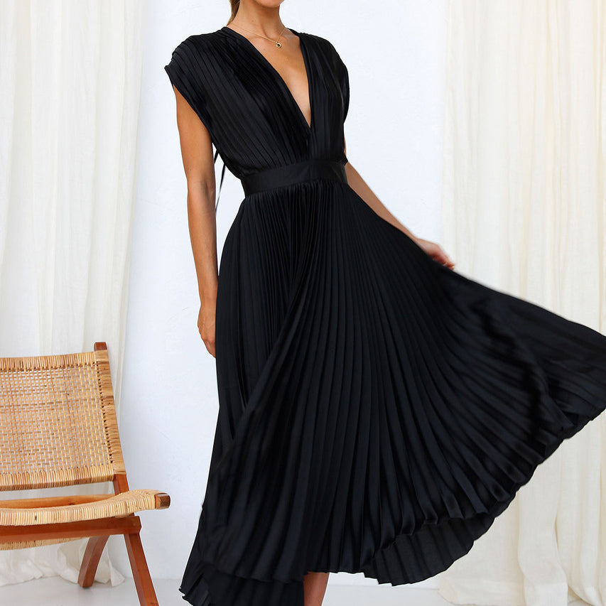Women's V-Neck Pleated Evening Dress | Maxi