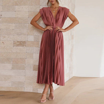 Women's V-Neck Pleated Evening Dress | Maxi
