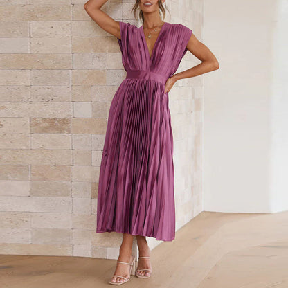 Women's V-Neck Pleated Evening Dress | Maxi