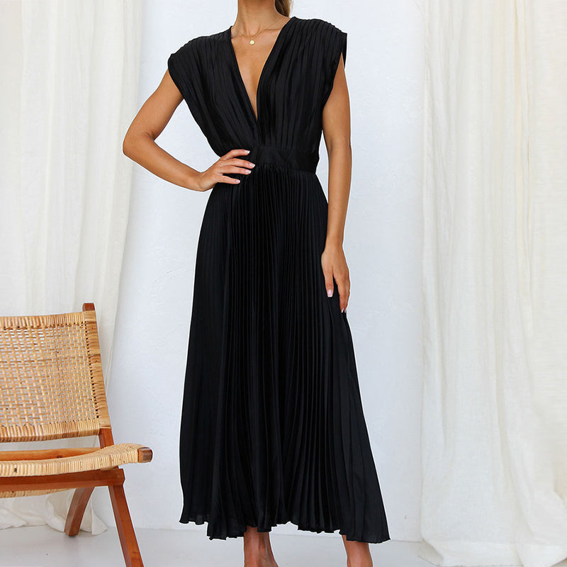 Women's V-Neck Pleated Evening Dress | Maxi