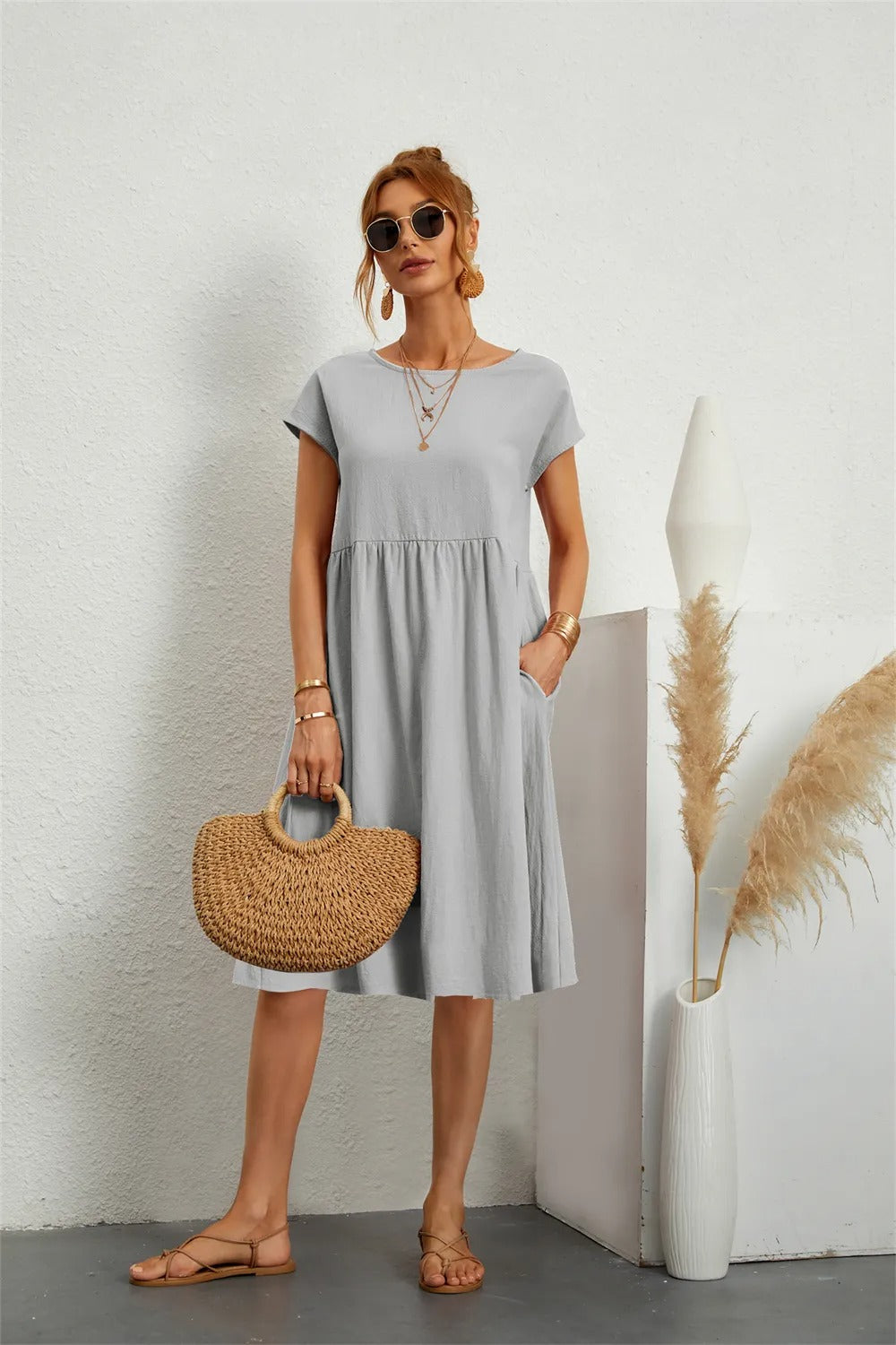 Women's Casual Short Sleeve Midi Dress | with Pockets