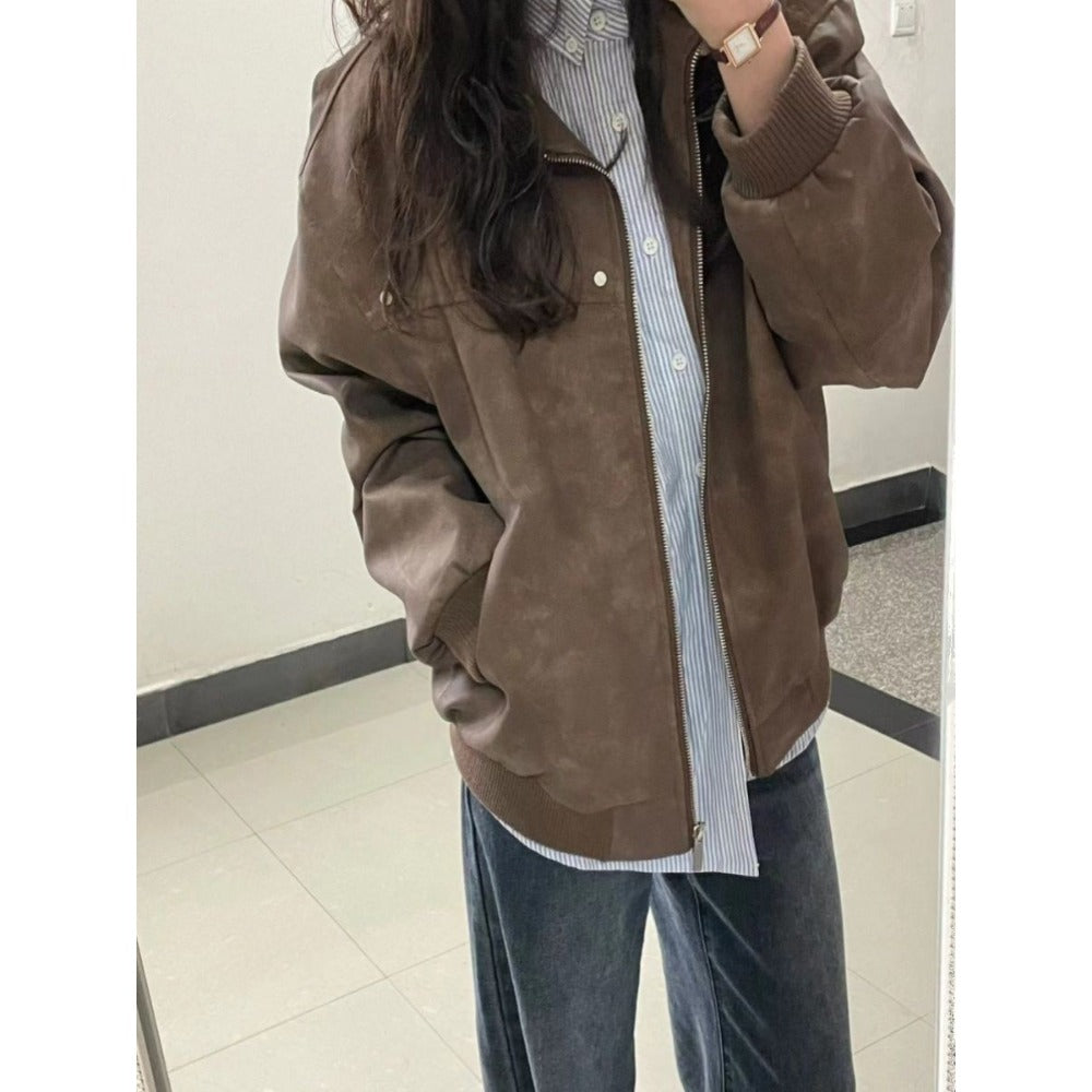 Brown Faux Leather Bomber Jacket with Zipper for Women - Elisa