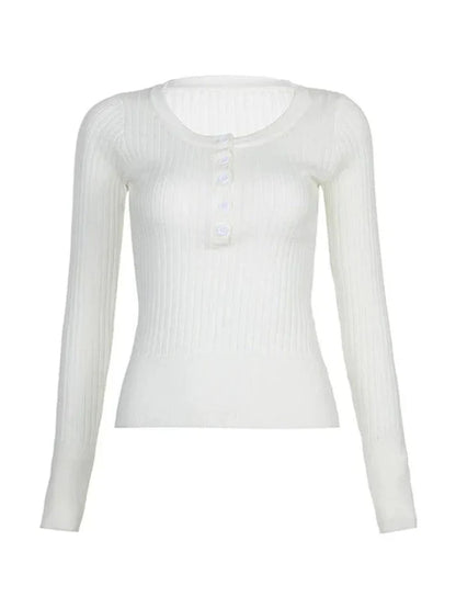 White Vintage Breasted Ribbed Long Sleeve Knit