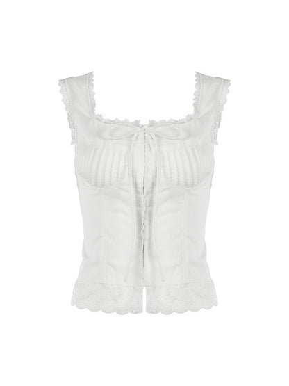 White Square Neck Lace Stitching Tie Up Slim Tank Top