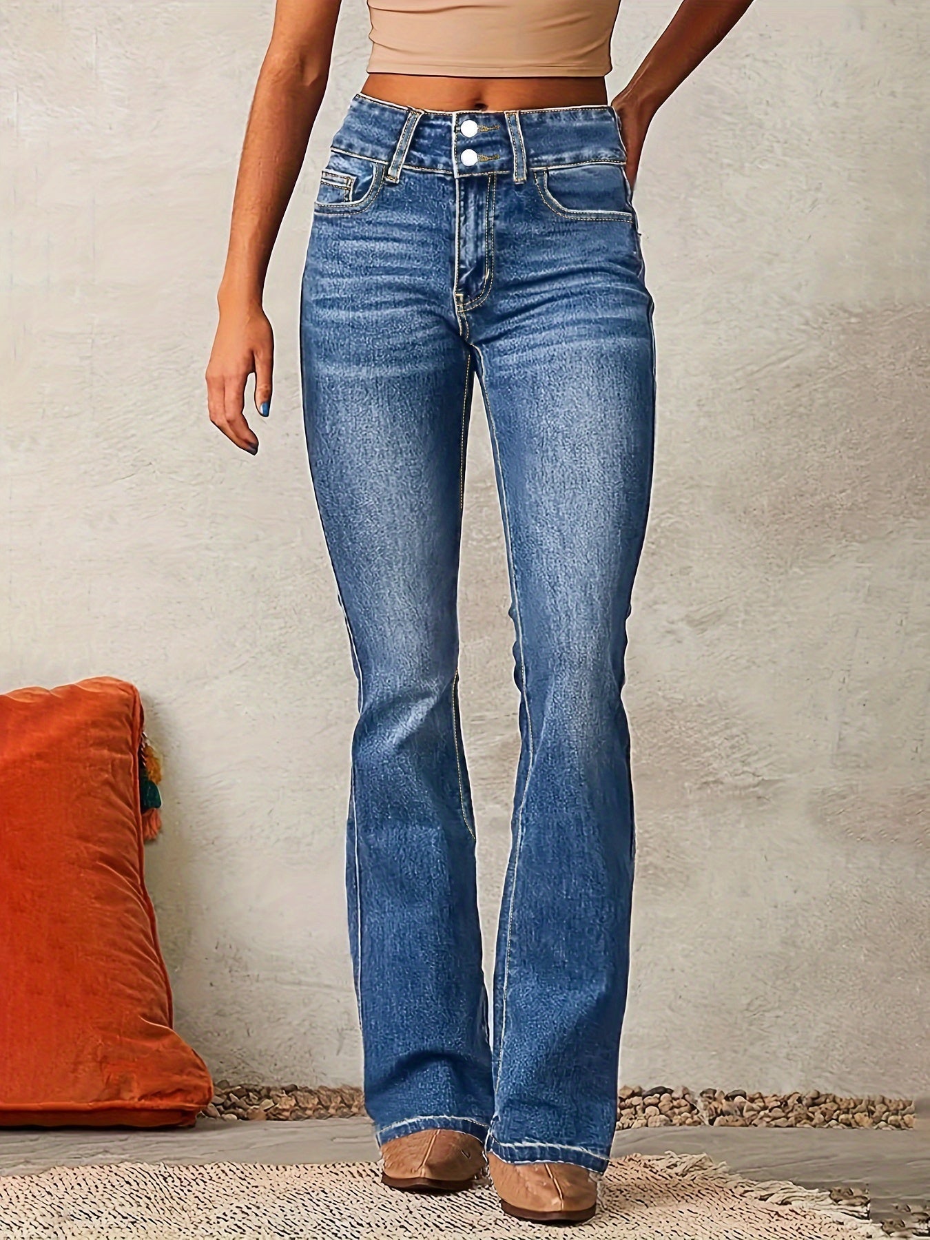Women's High-Waisted Flared Jeans | Double Button Closure