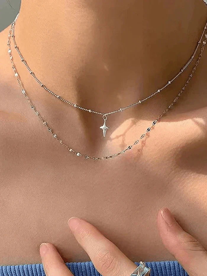 Collar de encanto de estrella de doble capas de plata Y2K