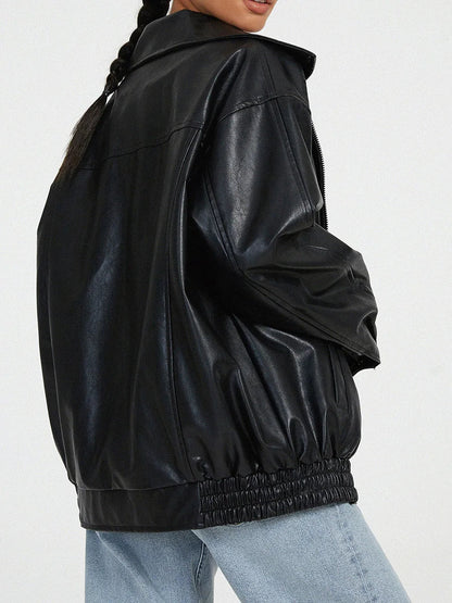 Women's Loose Leather Jacket | Lapel