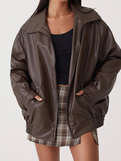 Women's Loose Leather Jacket | Lapel