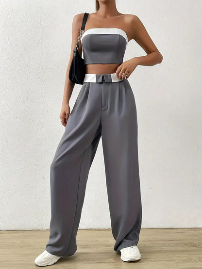 Contrast Vintage Off Shoulder Tube Top & Pants Two Piece Set