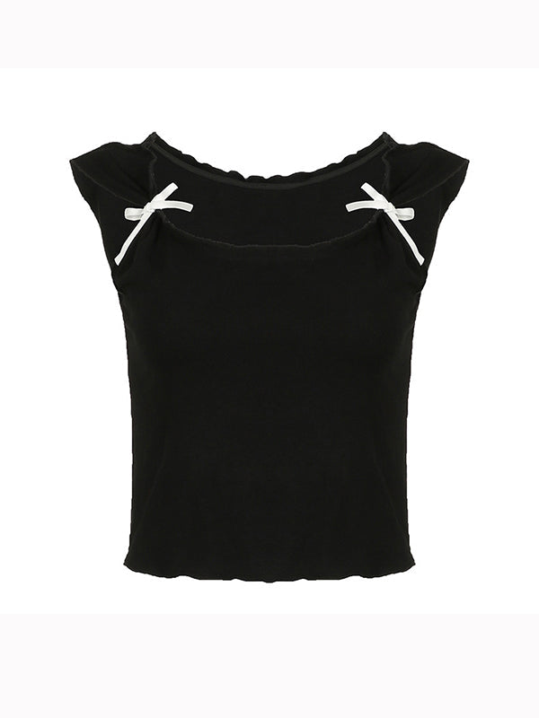 Sweet Bow Square Neck Short Sleeve Crop Tee