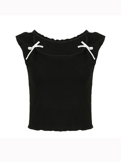 Sweet Bow Square Neck Short Sleeve Crop Tee